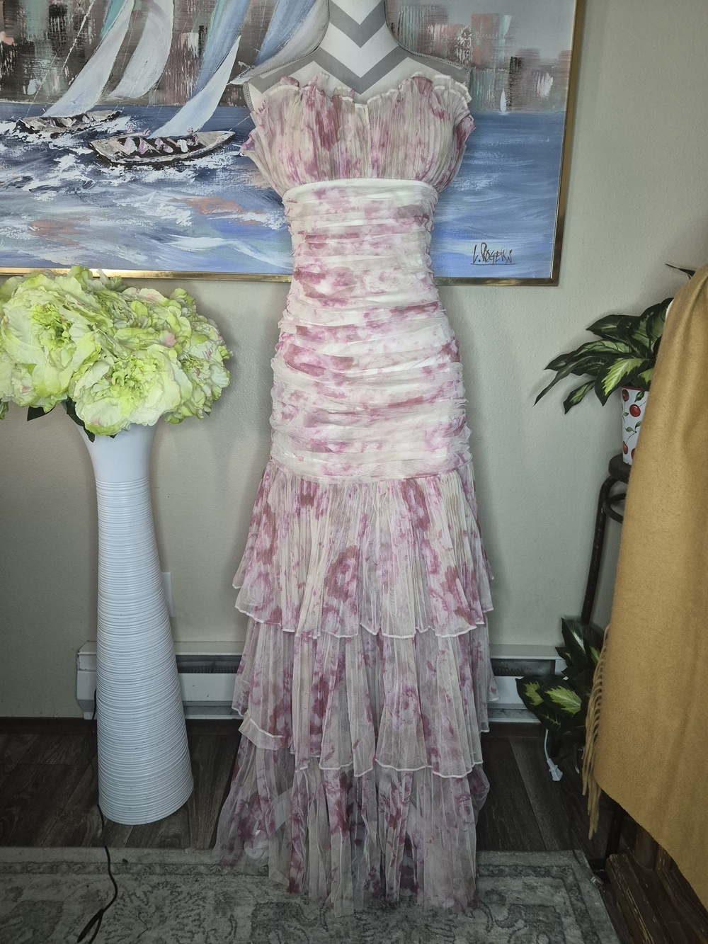 Pearl Georgina Chapman Womens Strapless Blush Watercolor Tiered Maxi Dress